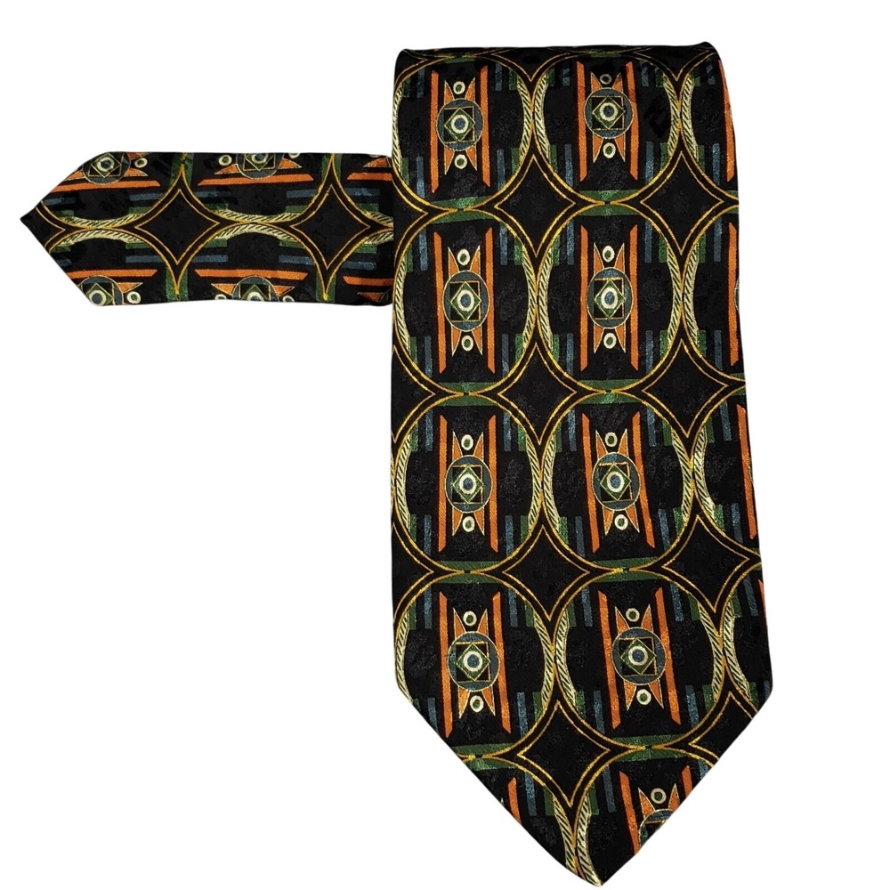 Brioni Silk Tie Men Black Orange Geometric Italy Luxury Art Deco 3.75" Gold Tone
